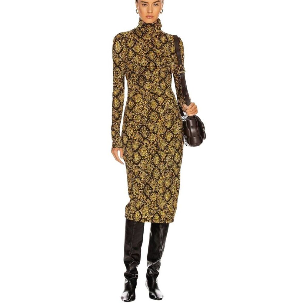 Proenza Schouler Yellow and Black Patterned Turtleneck Midi Dress